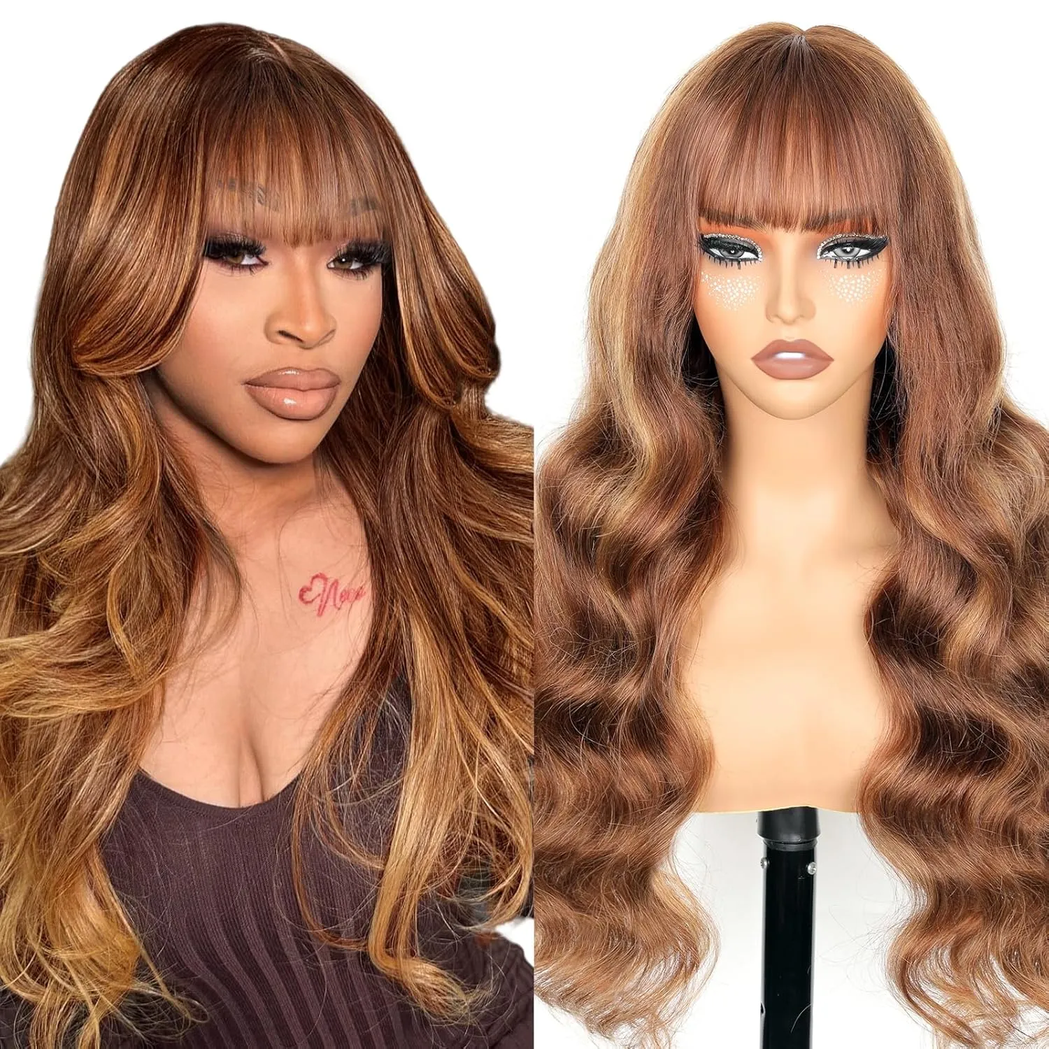 Ombre Highlight Human Hair Wig with Bangs 2x4 HD Lace Front Closure Body Wave Wear and Go Glueless Highlights 4/27 Honey Blonde Brown Colored 100% Human Hair Wigs for Black Women 24 Inch