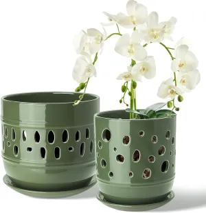 Orchid Pots, 5 6 Inch Orchid Pots with Holes, Ceramic Plant Pot with Drainage and Saucer, Enhance Good Ventilation, Indoor/Outdoor Flower Pots Set of 2 - Green