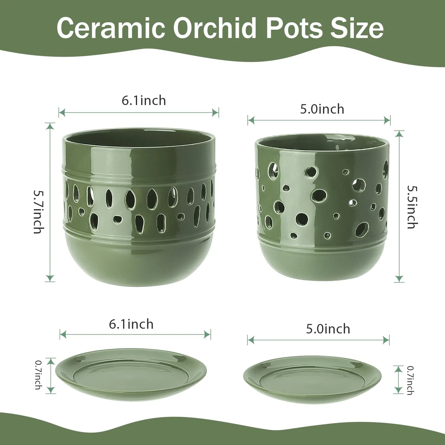 Orchid Pots, 5 6 Inch Orchid Pots with Holes, Ceramic Plant Pot with Drainage and Saucer, Enhance Good Ventilation, Indoor/Outdoor Flower Pots Set of 2 - Green