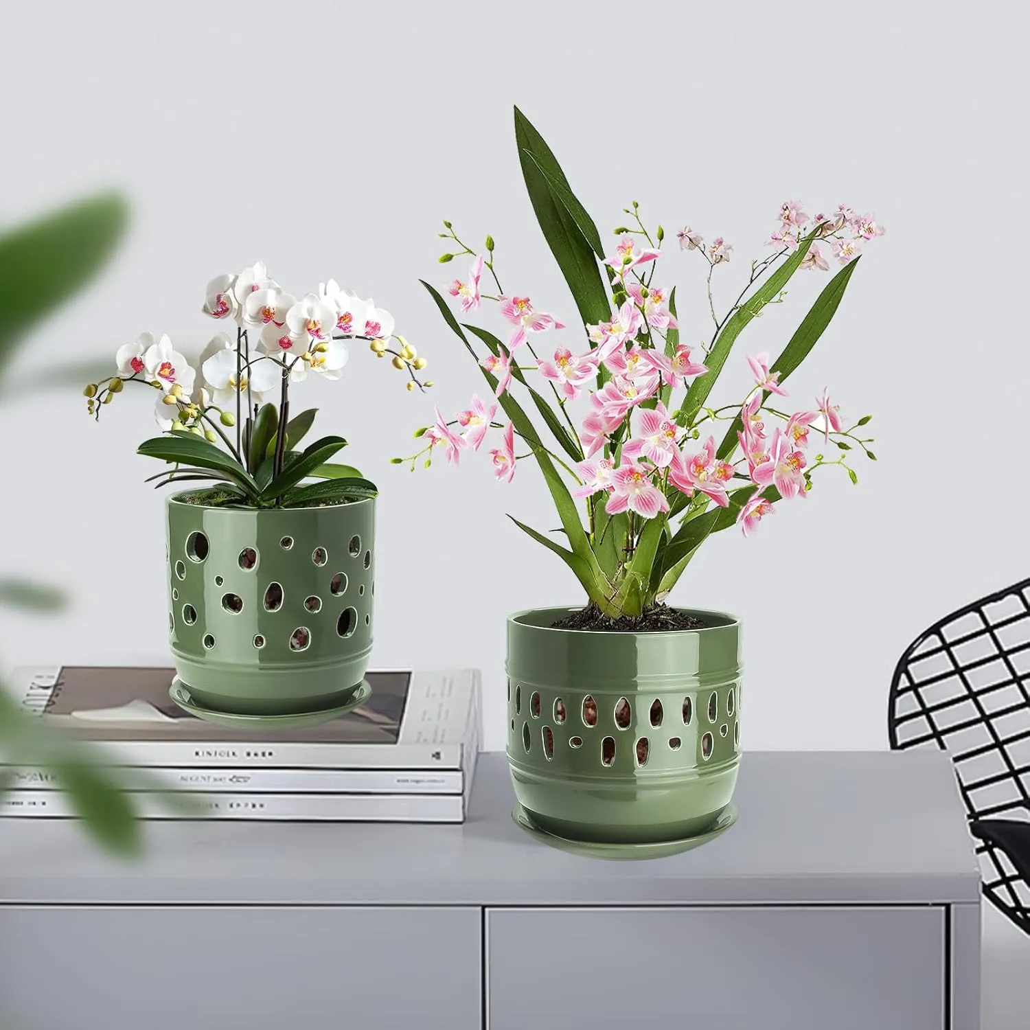 Orchid Pots, 5 6 Inch Orchid Pots with Holes, Ceramic Plant Pot with Drainage and Saucer, Enhance Good Ventilation, Indoor/Outdoor Flower Pots Set of 2 - Green