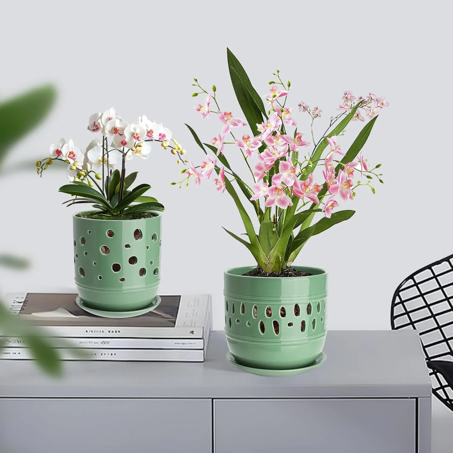 Orchid Pots with Holes, 5 6 Inch Large Orchid Pots with Drainage and Saucers, Ceramic Orchid Planter for Indoor/Outdoor Set of 2 Flower Pots - Pea Green