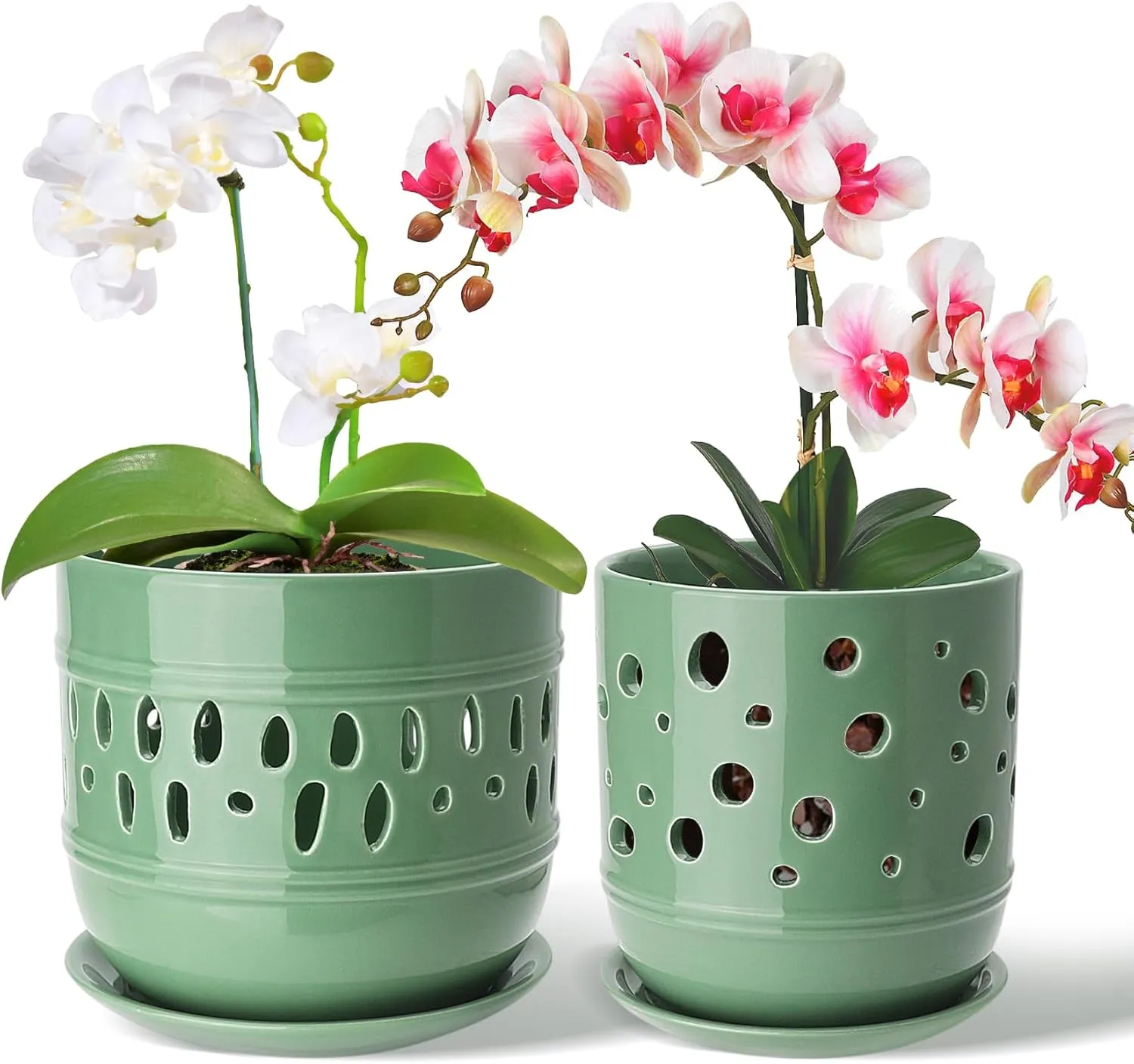 Orchid Pots with Holes, 5 6 Inch Large Orchid Pots with Drainage and Saucers, Ceramic Orchid Planter for Indoor/Outdoor Set of 2 Flower Pots - Pea Green