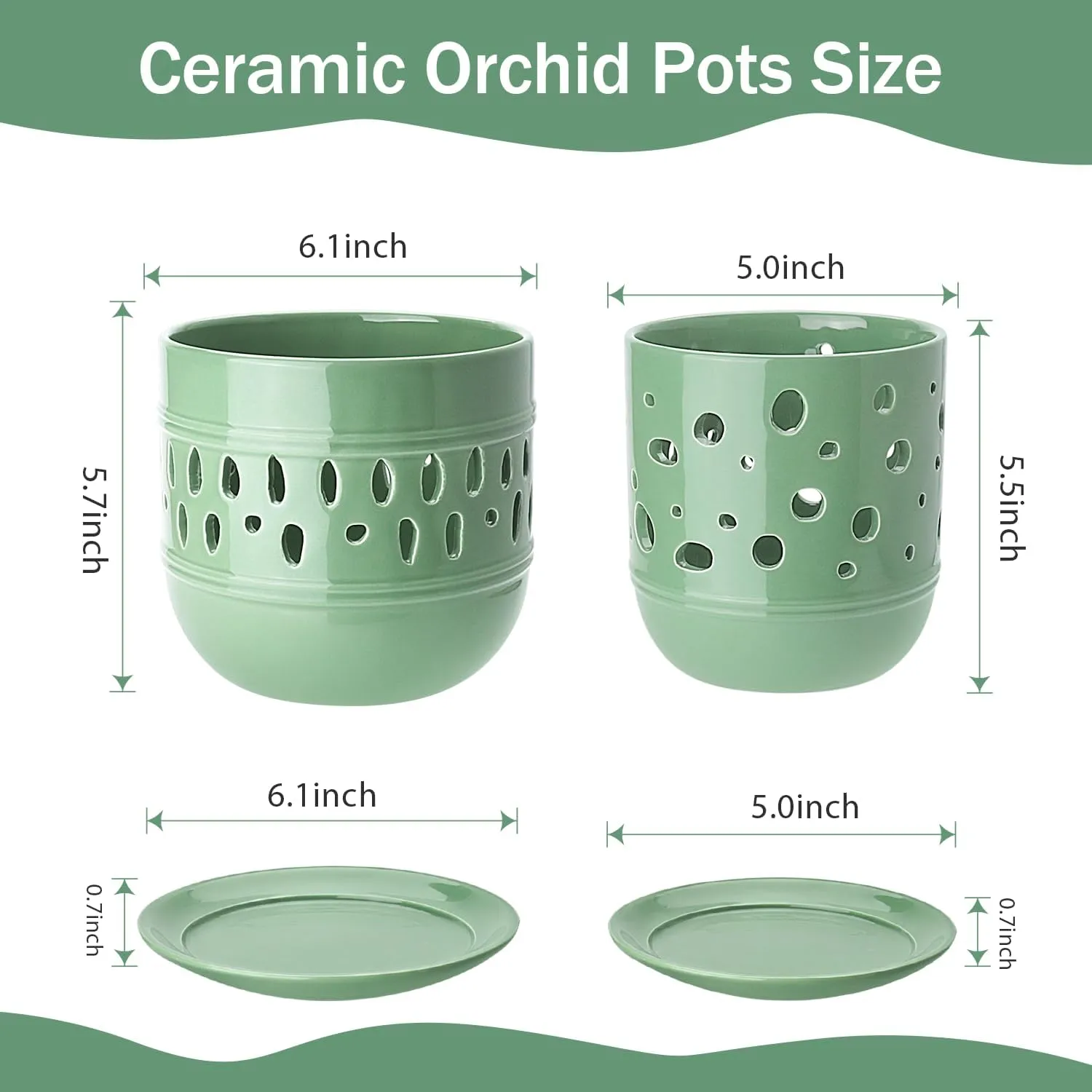 Orchid Pots with Holes, 5 6 Inch Large Orchid Pots with Drainage and Saucers, Ceramic Orchid Planter for Indoor/Outdoor Set of 2 Flower Pots - Pea Green