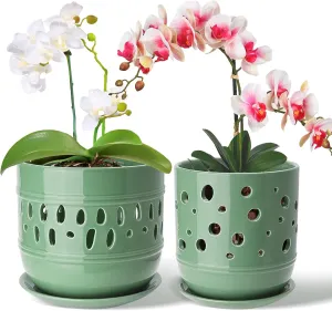 Orchid Pots with Holes, 5 6 Inch Large Orchid Pots with Drainage and Saucers, Ceramic Orchid Planter for Indoor/Outdoor Set of 2 Flower Pots - Pea Green