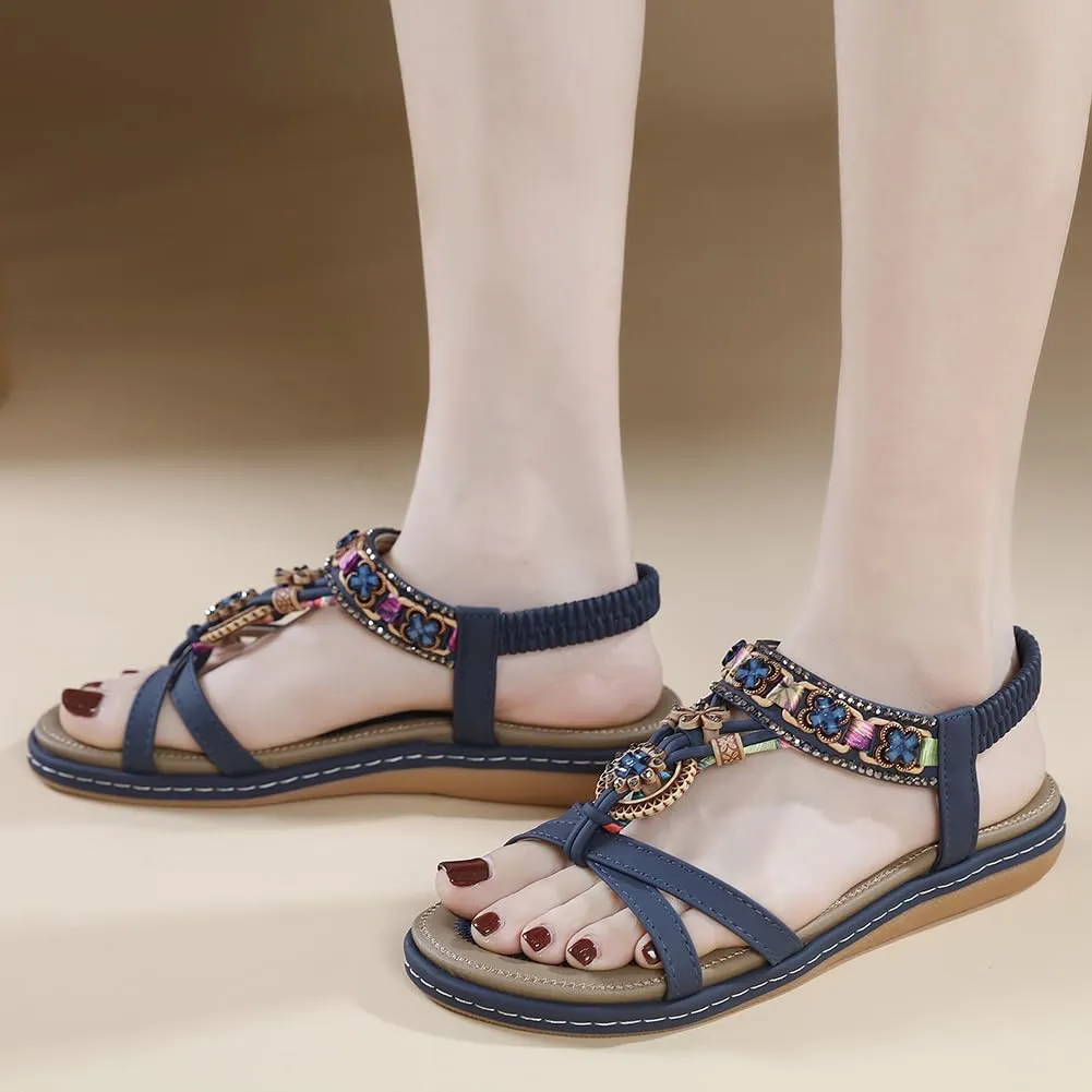 Orgone Womens Bohemian Beaded Flat Sandals Comfortable T-Strap Sandal Summer Comfortable Strap Sandals for Beach