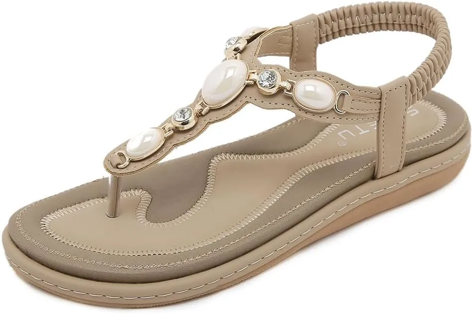 Orgone Womens Bohemian Beaded Flat Sandals Comfortable T-Strap Sandal Summer Comfortable Strap Sandals for Beach