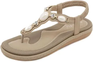 Orgone Womens Bohemian Beaded Flat Sandals Comfortable T-Strap Sandal Summer Comfortable Strap Sandals for Beach