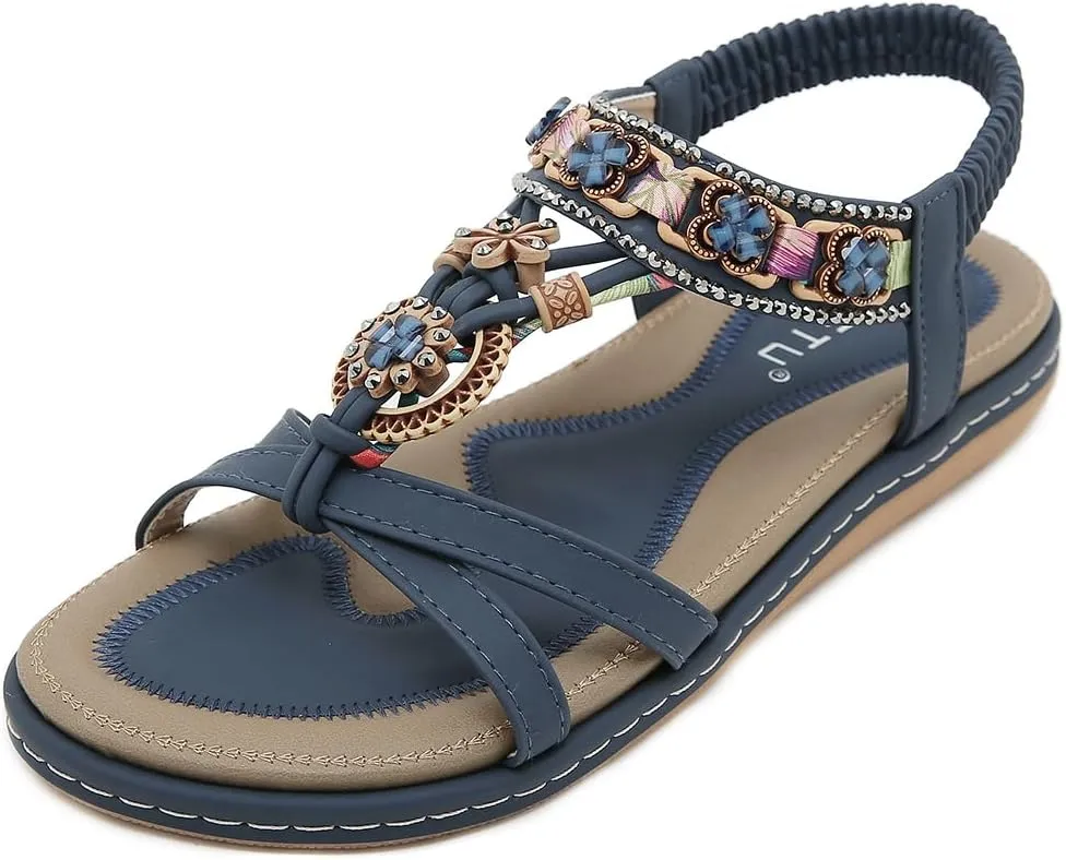 Orgone Womens Bohemian Beaded Flat Sandals Comfortable T-Strap Sandal Summer Comfortable Strap Sandals for Beach