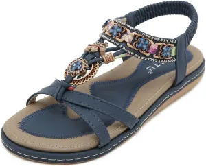Orgone Womens Bohemian Beaded Flat Sandals Comfortable T-Strap Sandal Summer Comfortable Strap Sandals for Beach