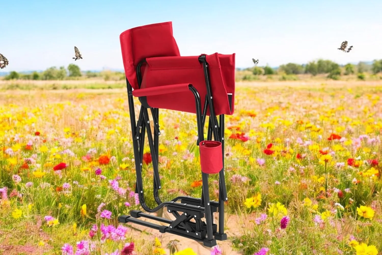 Outdoor Freestyle Rocker Camping Chair – Portable Folding Rocking Chair with Drink Holder, Durable Armrests, and Comfortable Backrest (Red)