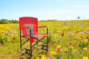 Outdoor Freestyle Rocker Camping Chair – Portable Folding Rocking Chair with Drink Holder, Durable Armrests, and Comfortable Backrest (Red)