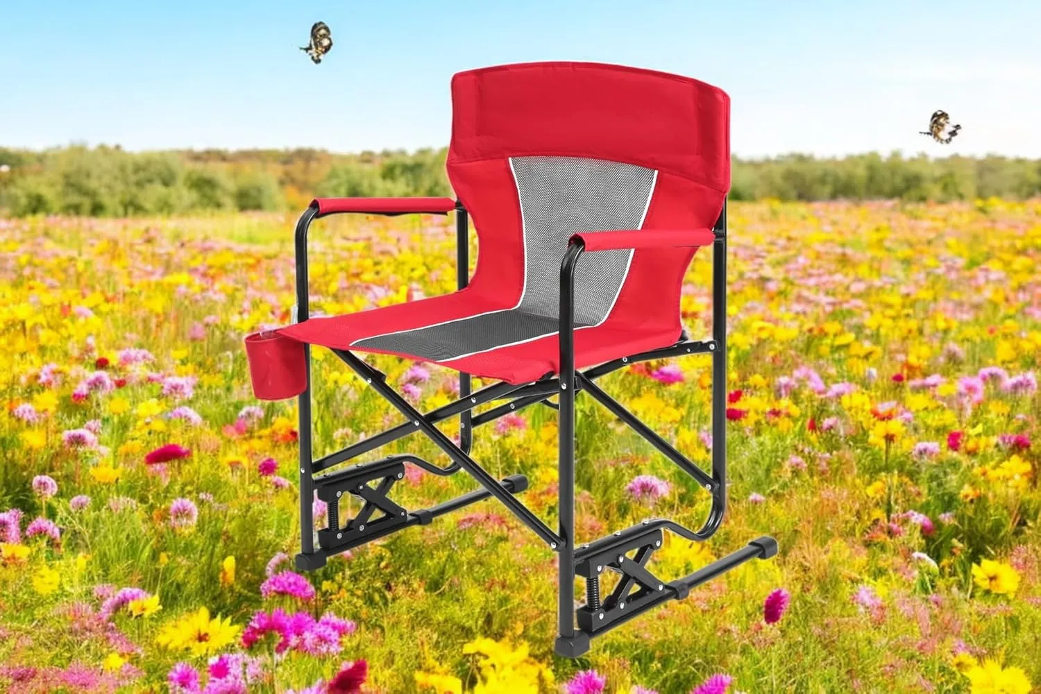 Outdoor Freestyle Rocker Camping Chair – Portable Folding Rocking Chair with Drink Holder, Durable Armrests, and Comfortable Backrest (Red)