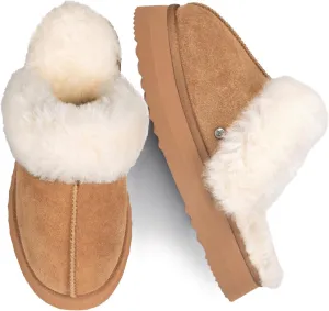 Parfeying Women's Sheepskin House Slippers Indoor Outdoor Shearling Shoes for Women