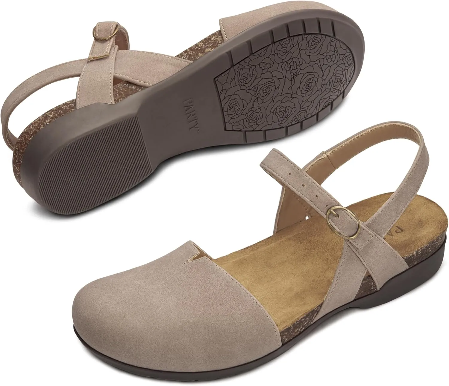 PARTY Closed Toe Sandals Women, Barefoot Arch Support Flat Sandals for Office Work and Travel with Comfortable Cork Footbed