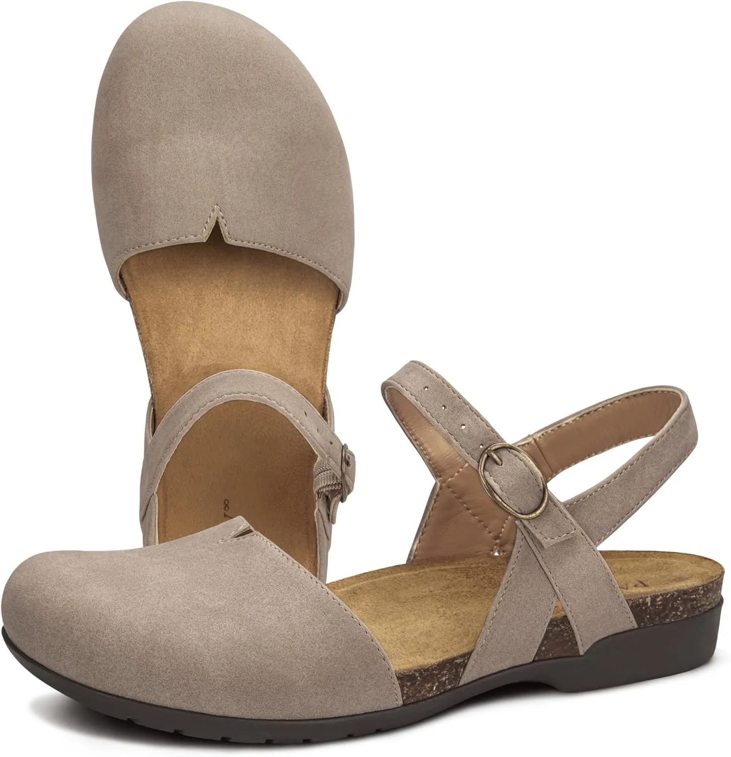 PARTY Closed Toe Sandals Women, Barefoot Arch Support Flat Sandals for Office Work and Travel with Comfortable Cork Footbed