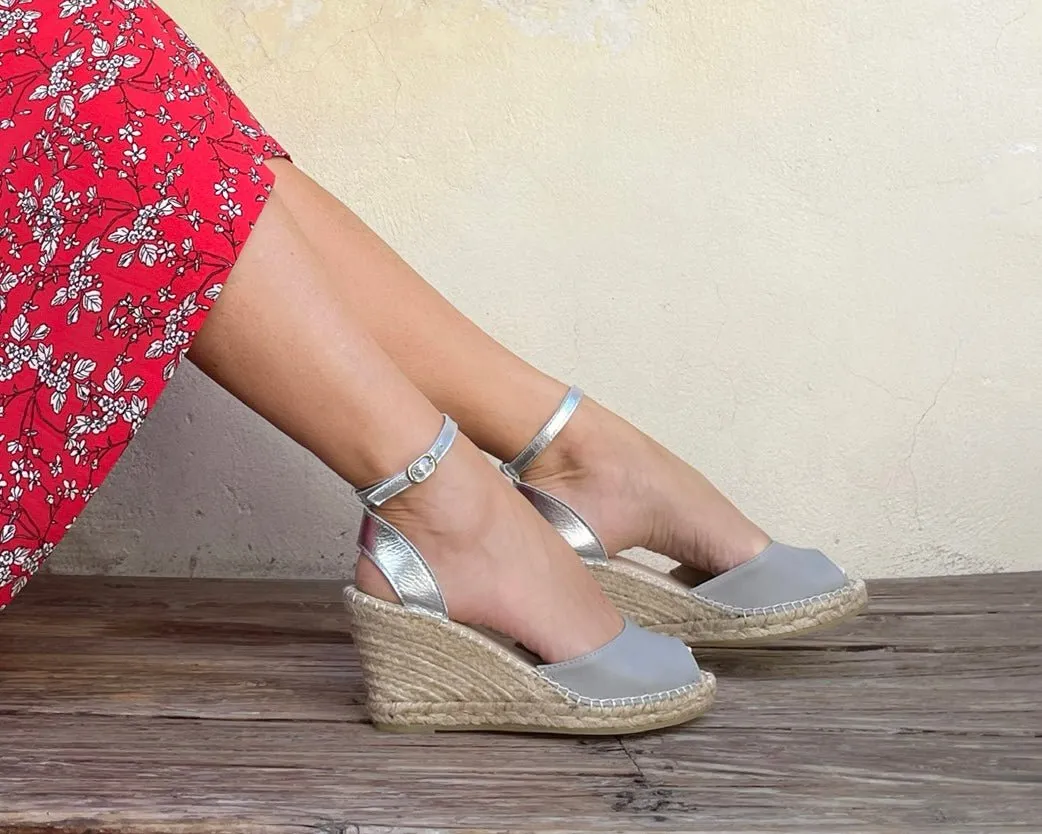 Peep Toe Espadrille Wedge in Silver Grey
