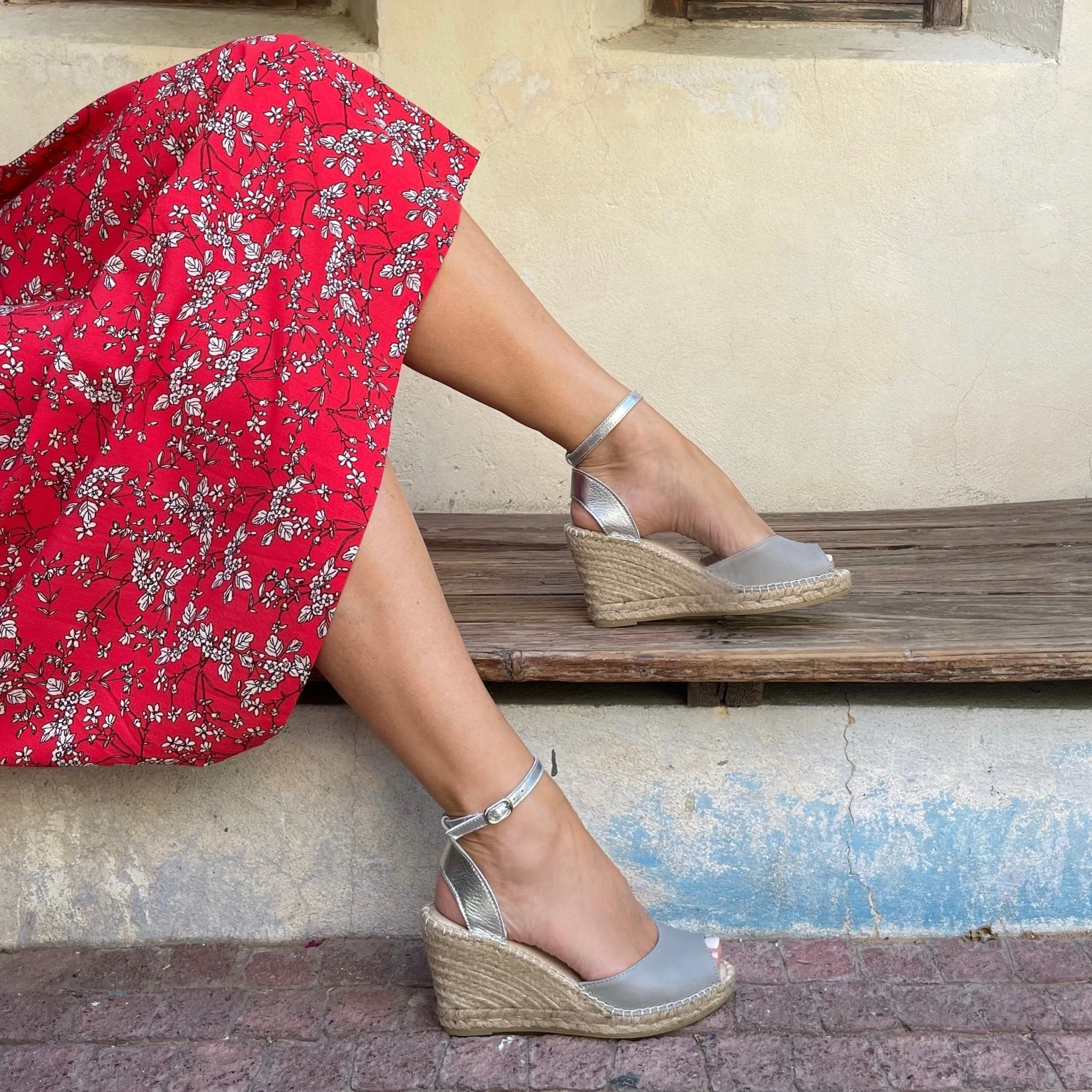 Peep Toe Espadrille Wedge in Silver Grey