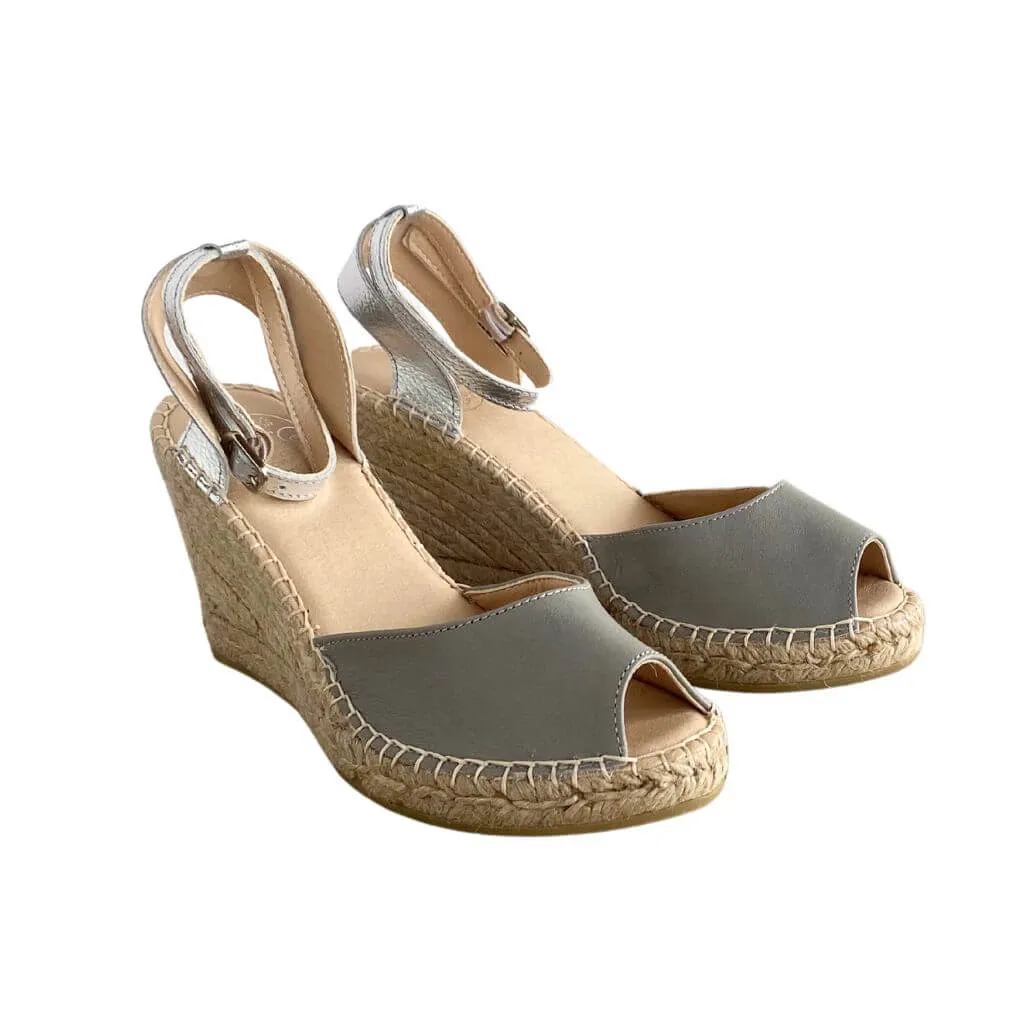 Peep Toe Espadrille Wedge in Silver Grey