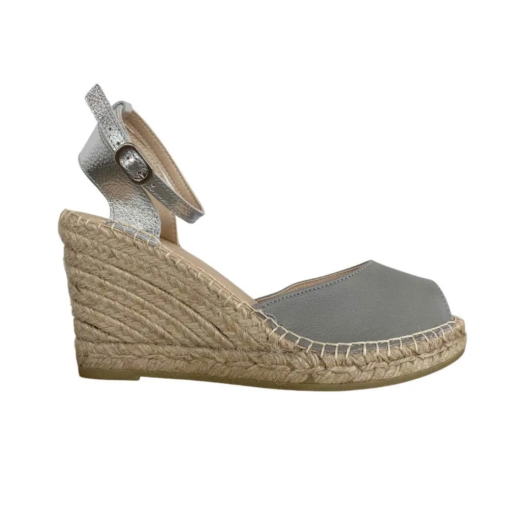 Peep Toe Espadrille Wedge in Silver Grey