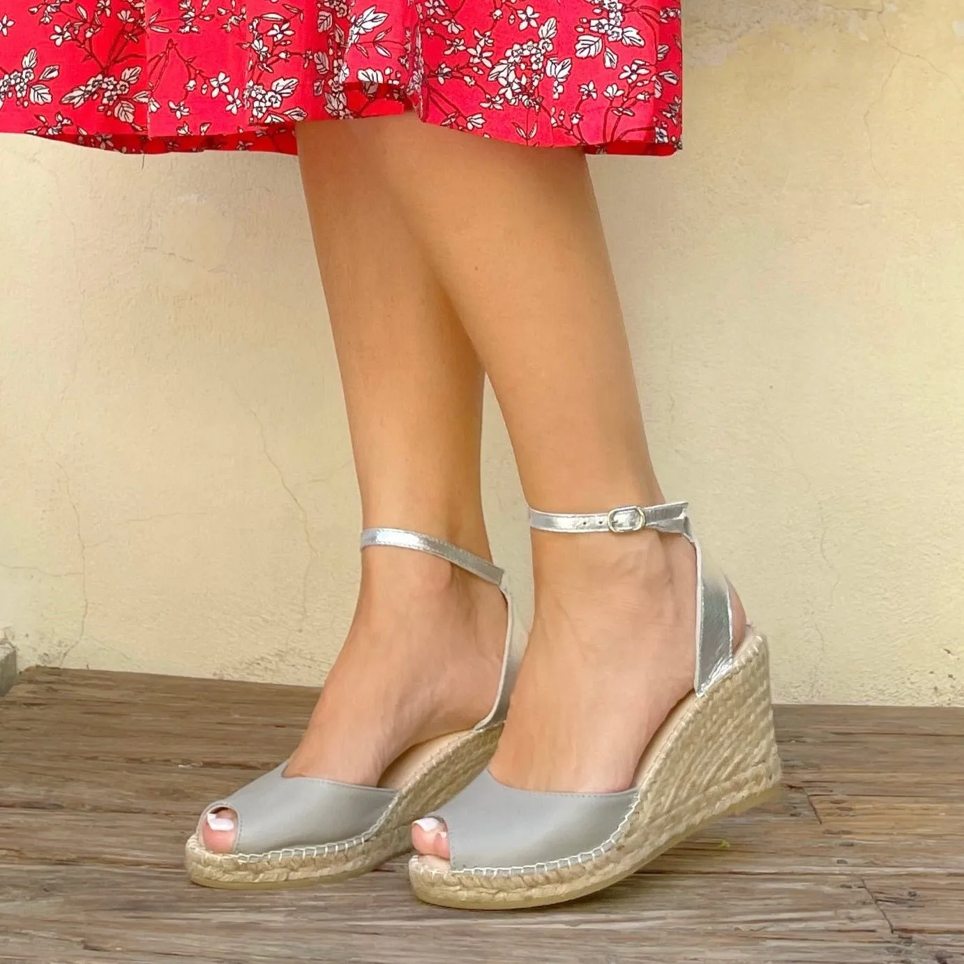 Peep Toe Espadrille Wedge in Silver Grey