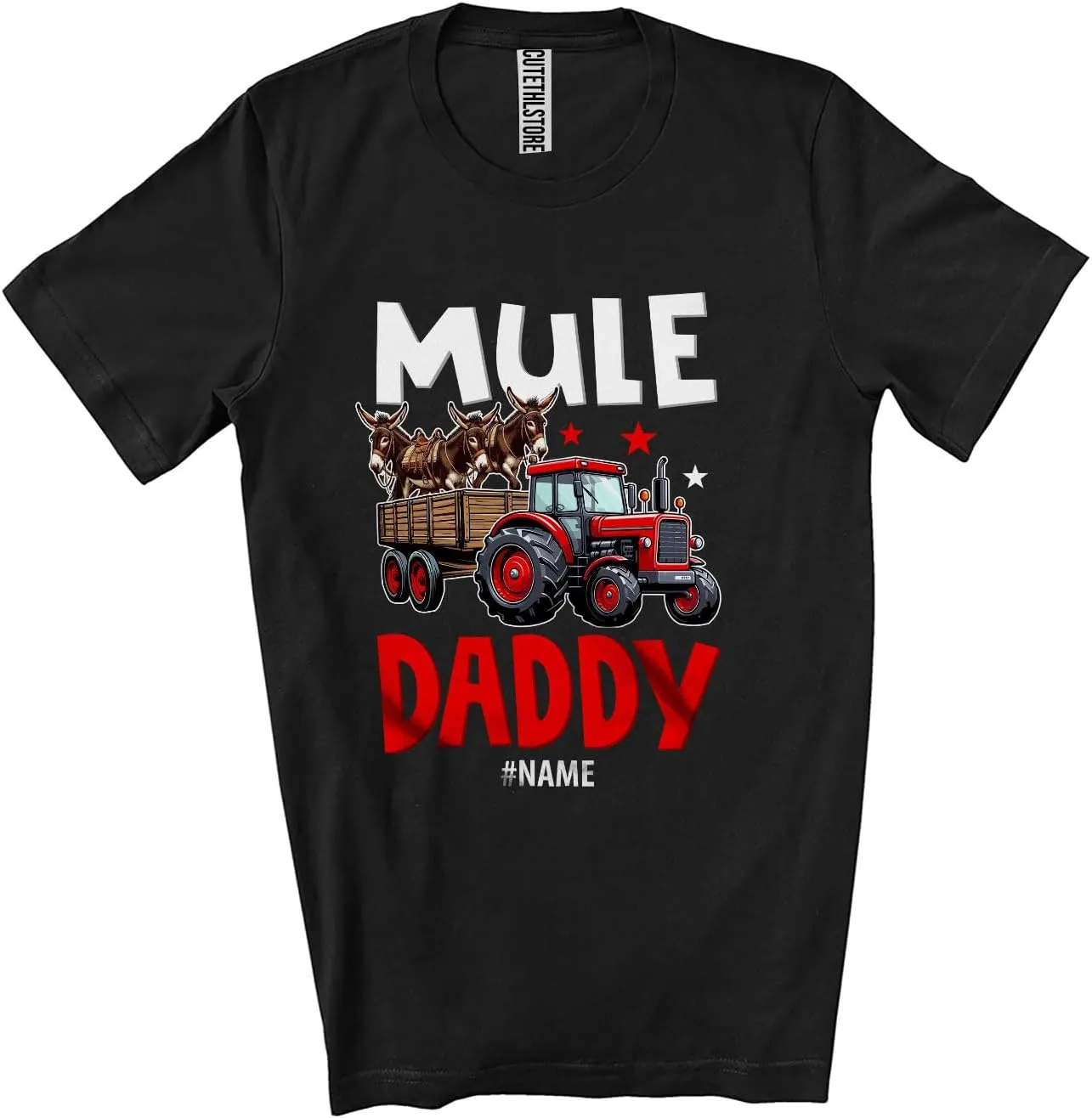Personalized Custom Name Mule Dad; Lovely Father's Day Mule On Trailer Tractor; Farmer Family Unisex T-Shirt Black