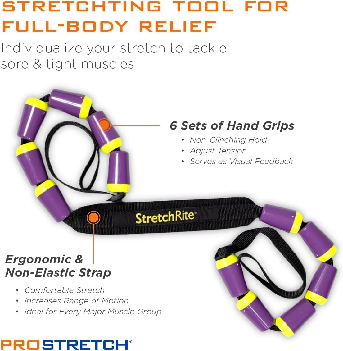 Physical Therapy Full Body Stretching Strap with Patented Easy Grip Handles for Sore and Tight Muscles, Includes Coaching Guide (Purple/Yellow)