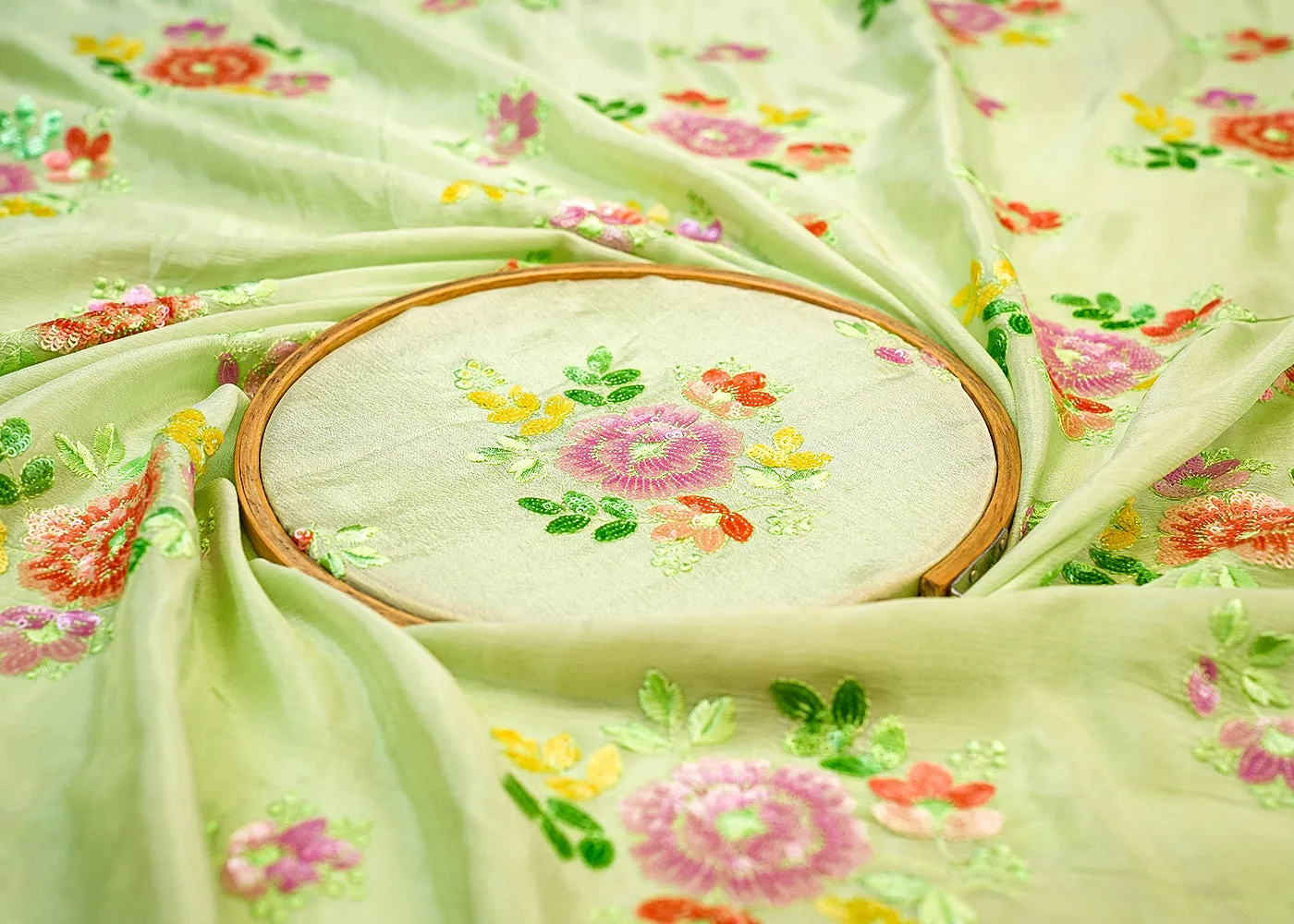 Pista Green Chinon Chiffon Fabric with Allover Thread & Sequin Embroidery