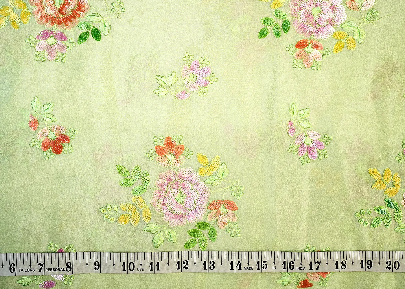 Pista Green Chinon Chiffon Fabric with Allover Thread & Sequin Embroidery