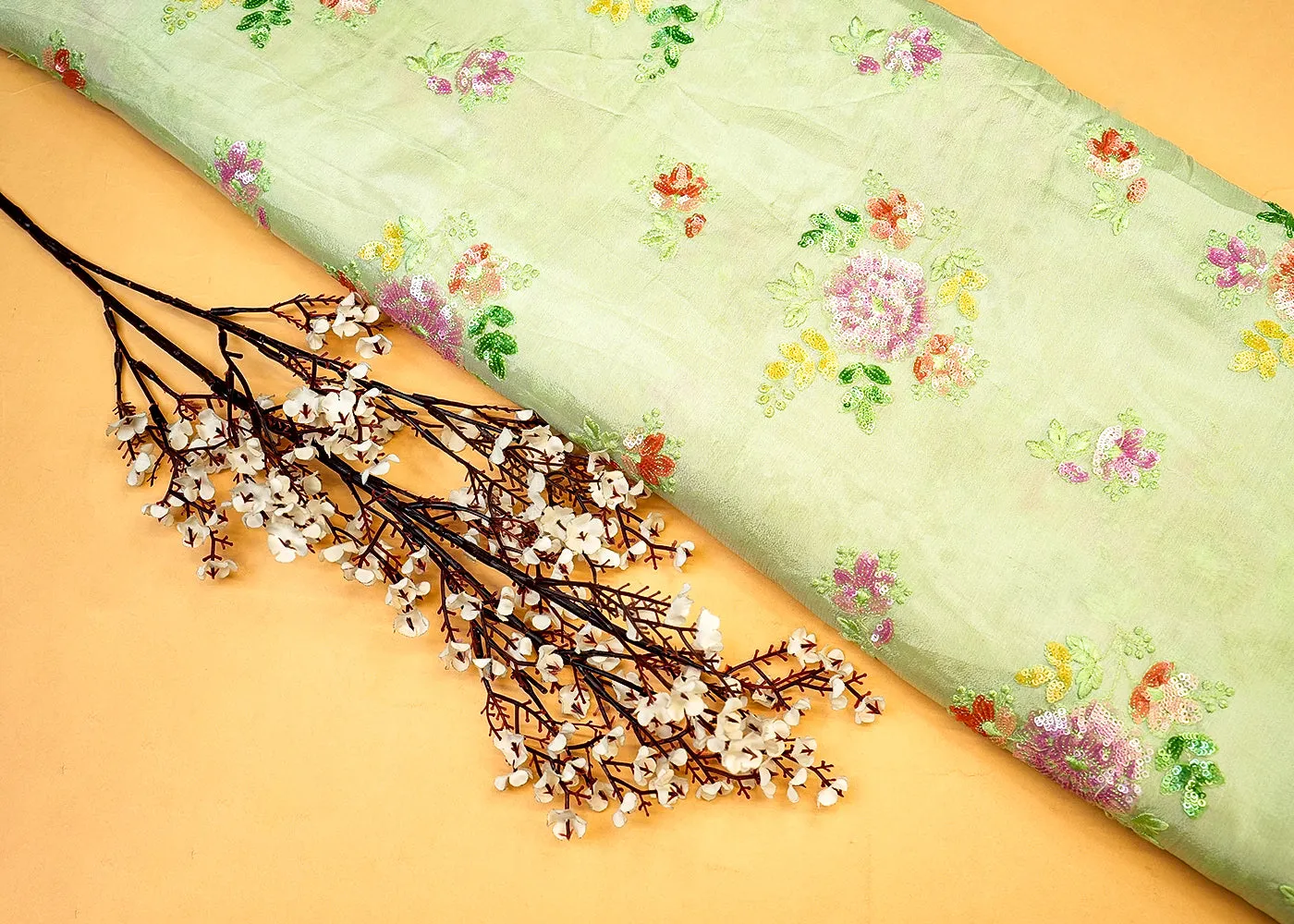 Pista Green Chinon Chiffon Fabric with Allover Thread & Sequin Embroidery