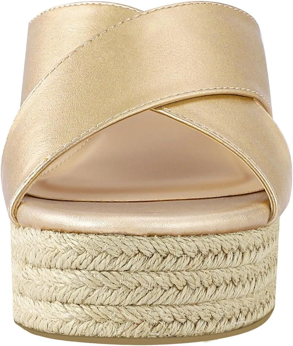 PIZZ ANNU Women's Misty Criss Cross Platform Wedge Sandals Open Toe Espadrille Heels Sandals for Casual Summer Slide Shoes