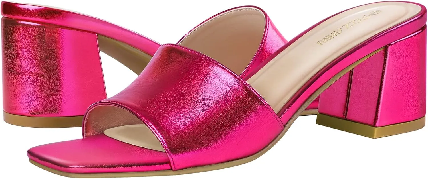 PIZZ ANNU Women's Square Open Toe Heels Sandals Low Block Chunky Heeled Sandal Slip on Mules Comfortable Casual Dress Pumps Shoes
