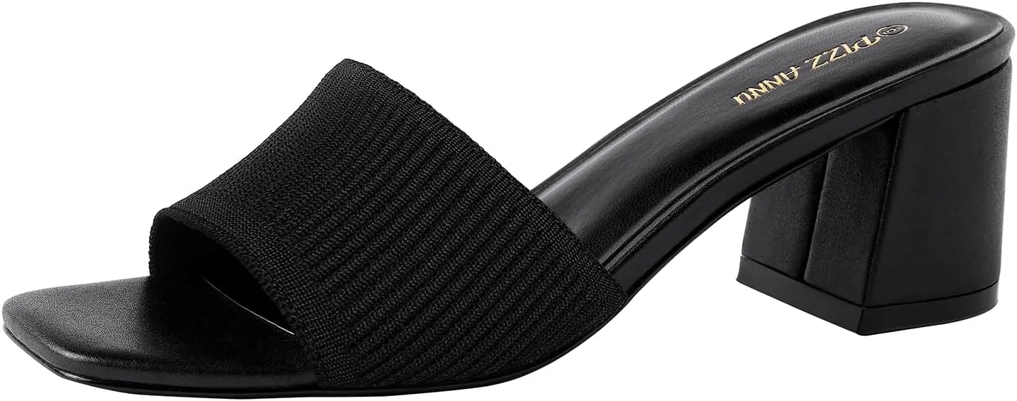 PIZZ ANNU Women's Square Open Toe Heels Sandals Low Block Chunky Heeled Sandal Slip on Mules Comfortable Casual Dress Pumps Shoes