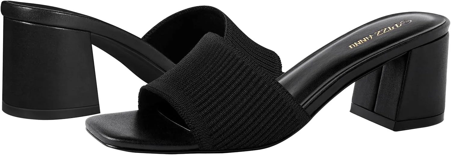 PIZZ ANNU Women's Square Open Toe Heels Sandals Low Block Chunky Heeled Sandal Slip on Mules Comfortable Casual Dress Pumps Shoes