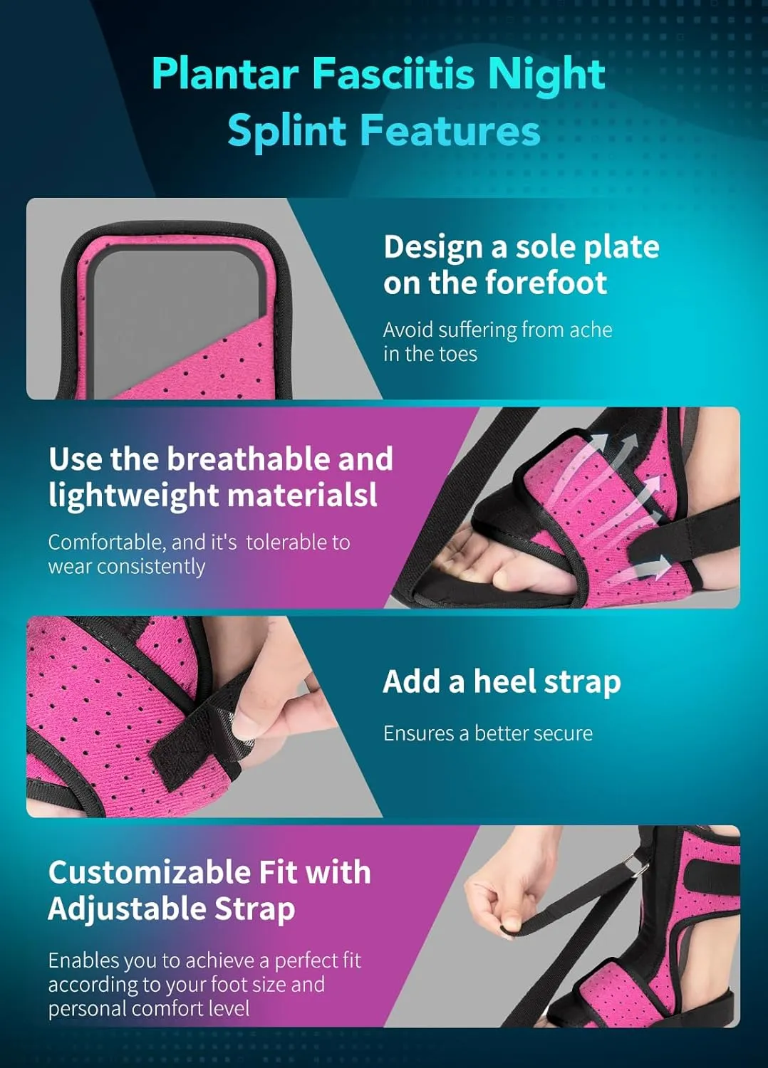 Plantar Fasciitis Night Splint with Massage Ball for Plantar Fasciitis Relief, Comfortable Plantar Fasciitis Brace for Achilles Tendonitis Heal Spur Foot-drop Flat-arch, Free Size for Men and Women - Pink