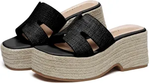 Platform Espadrille Sandals for Women Slip-On Wedge Slides Fashionable Open-Toe Chunky Sandals for Summer Outdoor Beach