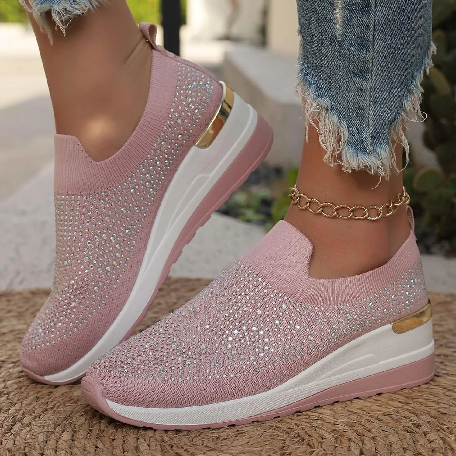 Platform Sneakers for Women Slip On,Breathable Mesh Casual Shoes Rhinestone Sparkly Shoes Wide Width Walking Shoes