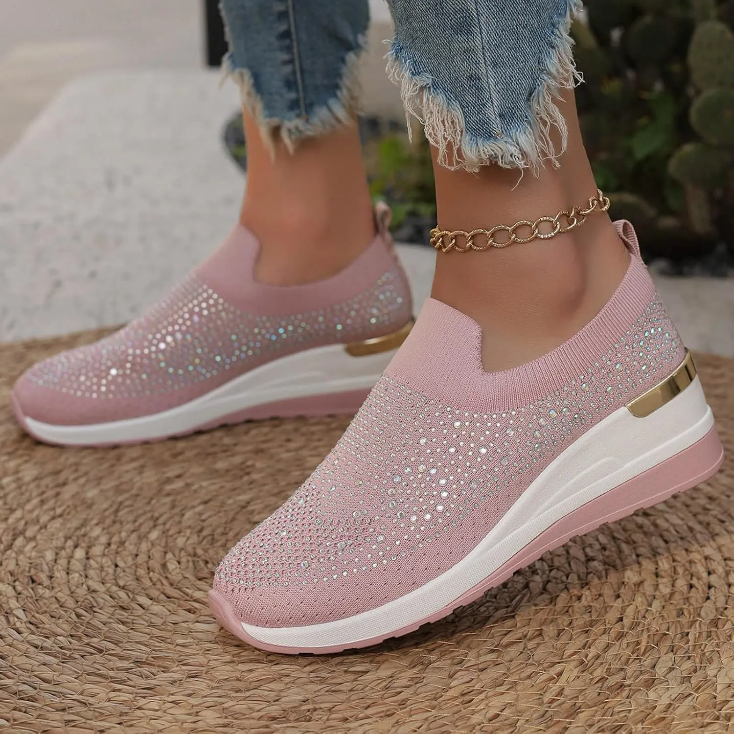 Platform Sneakers for Women Slip On,Breathable Mesh Casual Shoes Rhinestone Sparkly Shoes Wide Width Walking Shoes