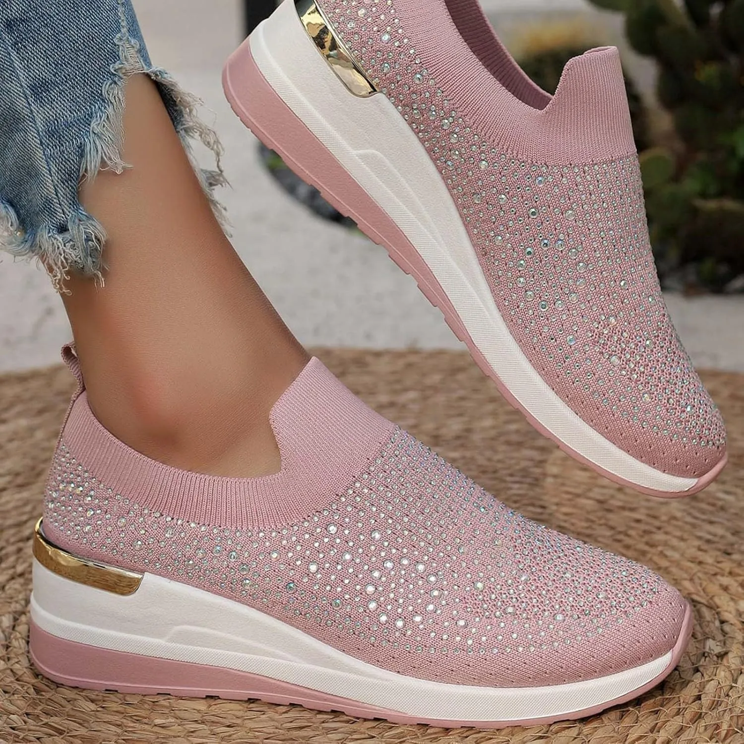Platform Sneakers for Women Slip On,Breathable Mesh Casual Shoes Rhinestone Sparkly Shoes Wide Width Walking Shoes