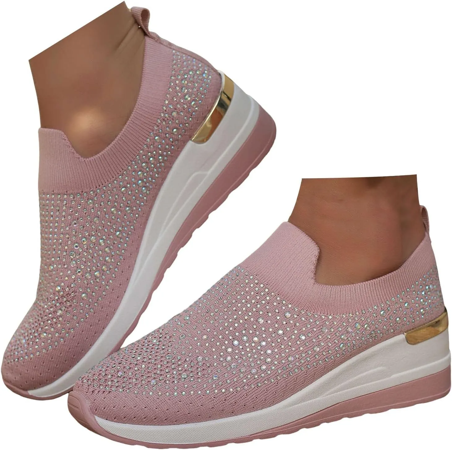 Platform Sneakers for Women Slip On,Breathable Mesh Casual Shoes Rhinestone Sparkly Shoes Wide Width Walking Shoes