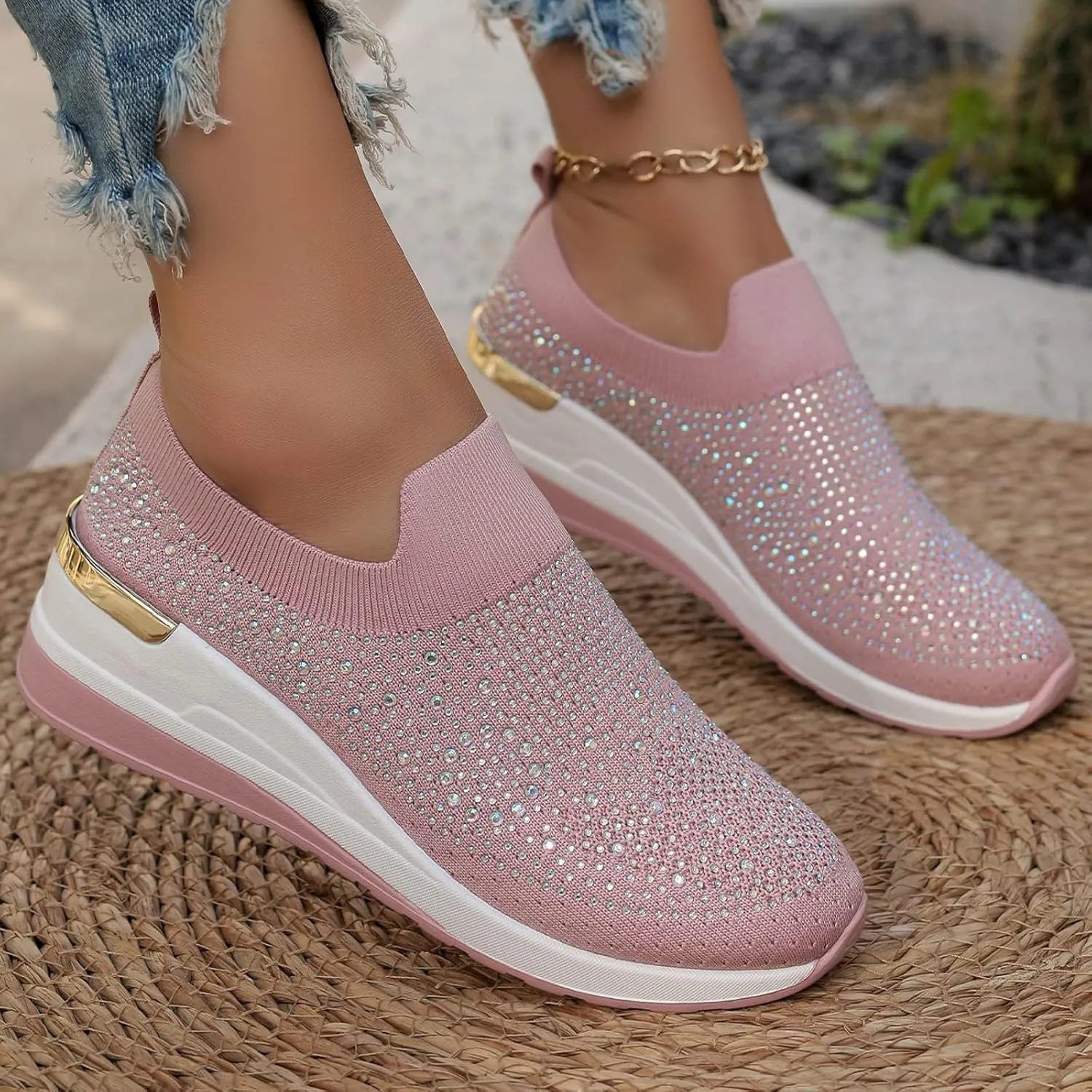 Platform Sneakers for Women Slip On,Breathable Mesh Casual Shoes Rhinestone Sparkly Shoes Wide Width Walking Shoes