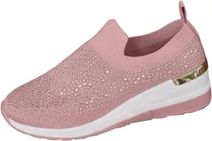 Platform Sneakers for Women Slip On,Breathable Mesh Casual Shoes Rhinestone Sparkly Shoes Wide Width Walking Shoes