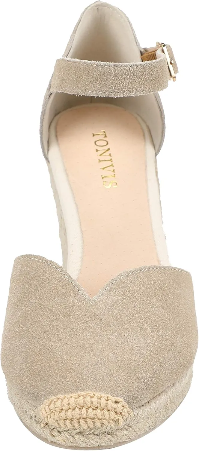 Platform Wedges Sandals for Women, 3" Wedge, Ankle-Strap, Cap Toe, Summer Espadrilles Heel Shoes