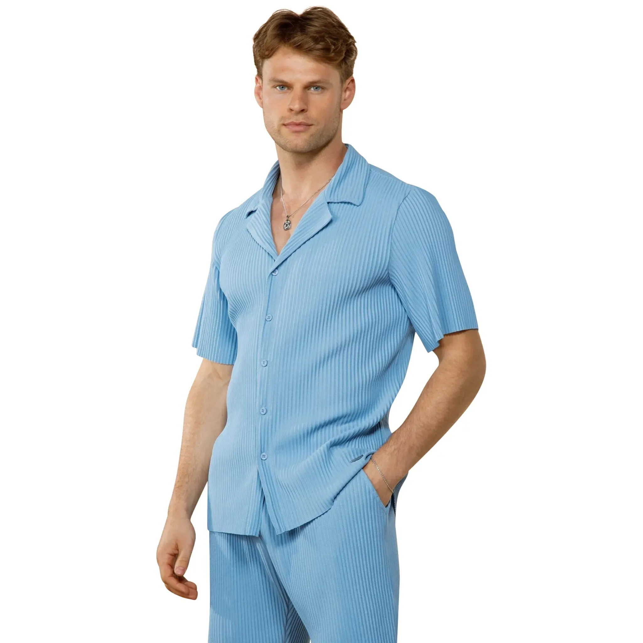 Pleated Light Blue Resort Shirt & Shorts
