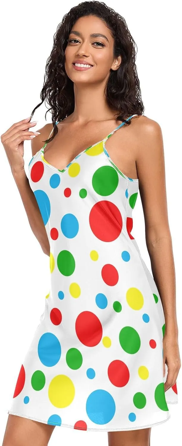 Polka Dots Color Women's Satin Slip Dress, Adjustable Spaghetti Strap V Neck Summer Nightgowns for Women, S