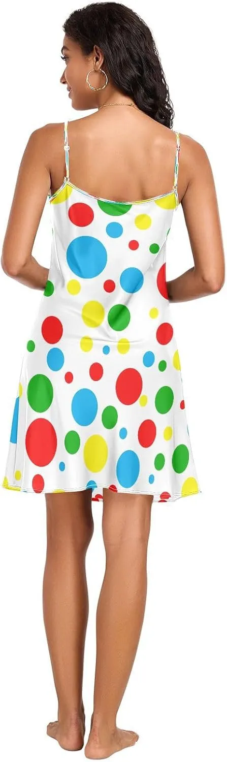 Polka Dots Color Women's Satin Slip Dress, Adjustable Spaghetti Strap V Neck Summer Nightgowns for Women, S