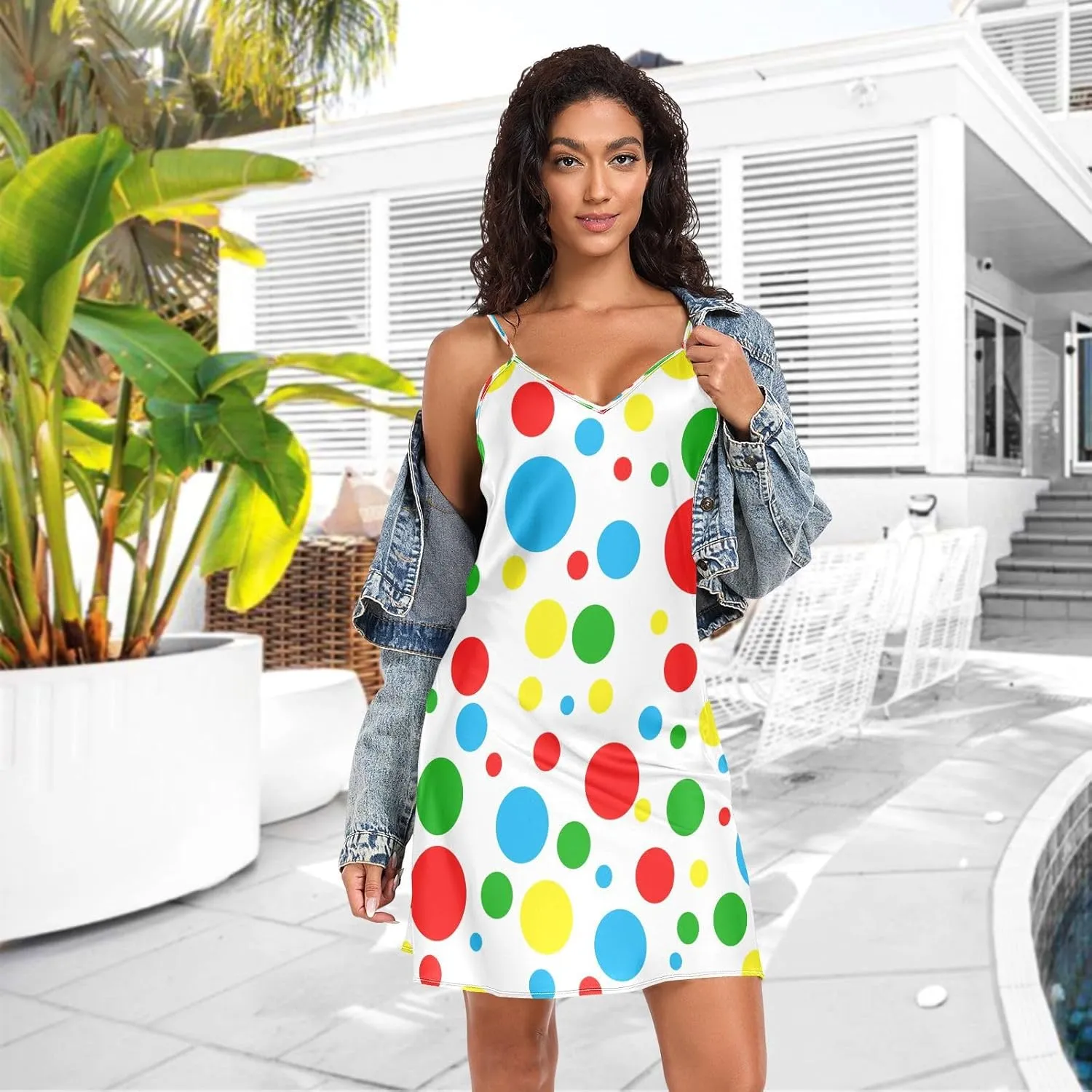 Polka Dots Color Women's Satin Slip Dress, Adjustable Spaghetti Strap V Neck Summer Nightgowns for Women, S