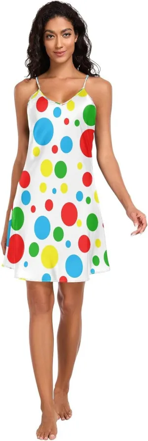 Polka Dots Color Women's Satin Slip Dress, Adjustable Spaghetti Strap V Neck Summer Nightgowns for Women, S