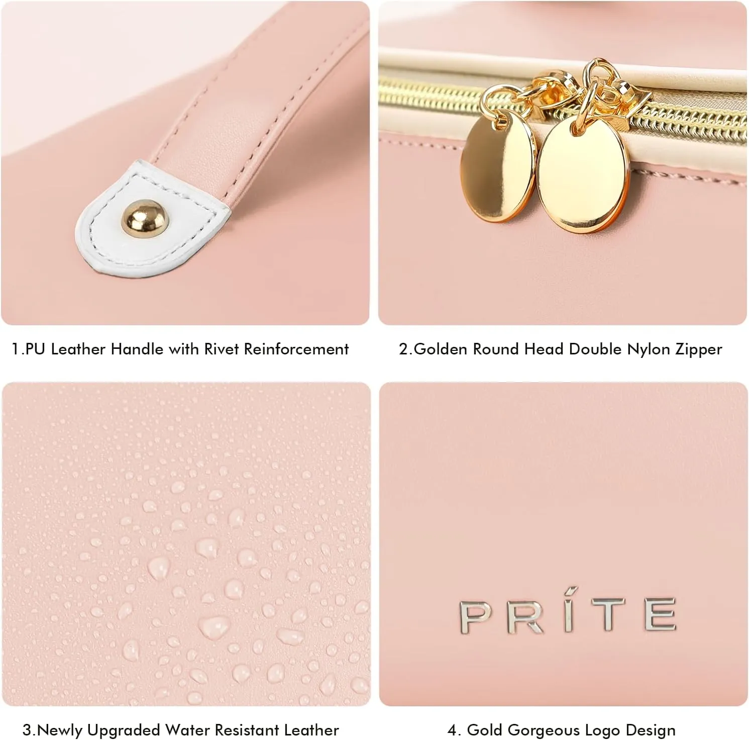 Prite Makeup Bag for Women Travel Waterproof Vegan Leather Cosmetic Bag Open Flat Toiletry Bag With Clear Divider and Handle (Pink)