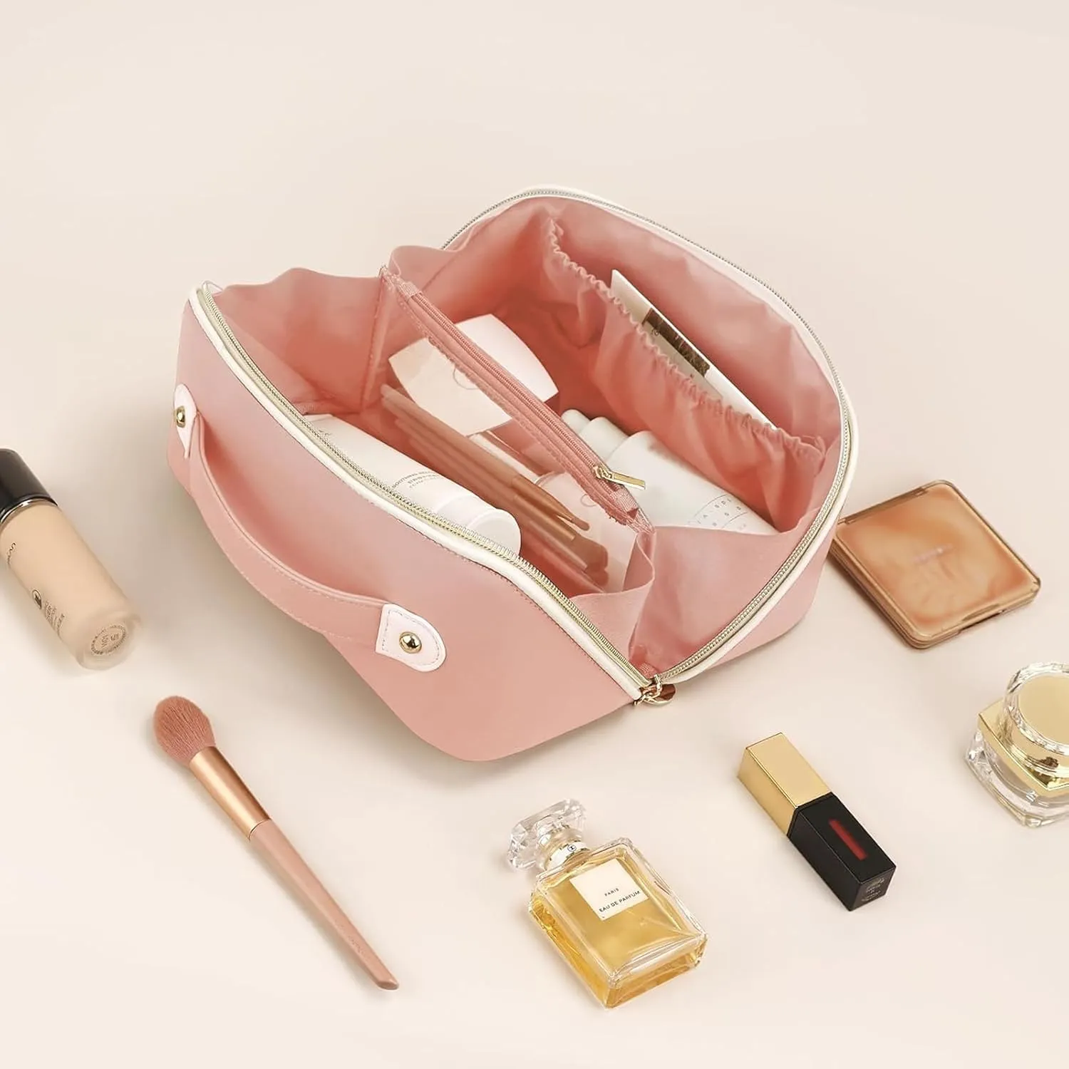 Prite Makeup Bag for Women Travel Waterproof Vegan Leather Cosmetic Bag Open Flat Toiletry Bag With Clear Divider and Handle (Pink)