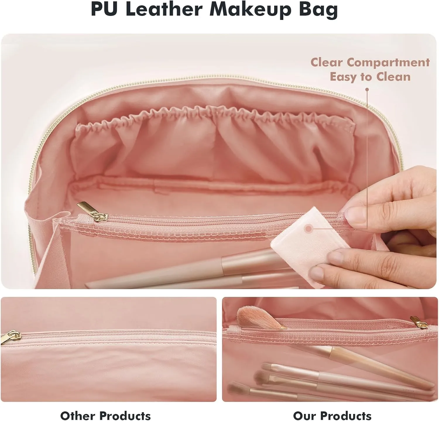 Prite Makeup Bag for Women Travel Waterproof Vegan Leather Cosmetic Bag Open Flat Toiletry Bag With Clear Divider and Handle (Pink)